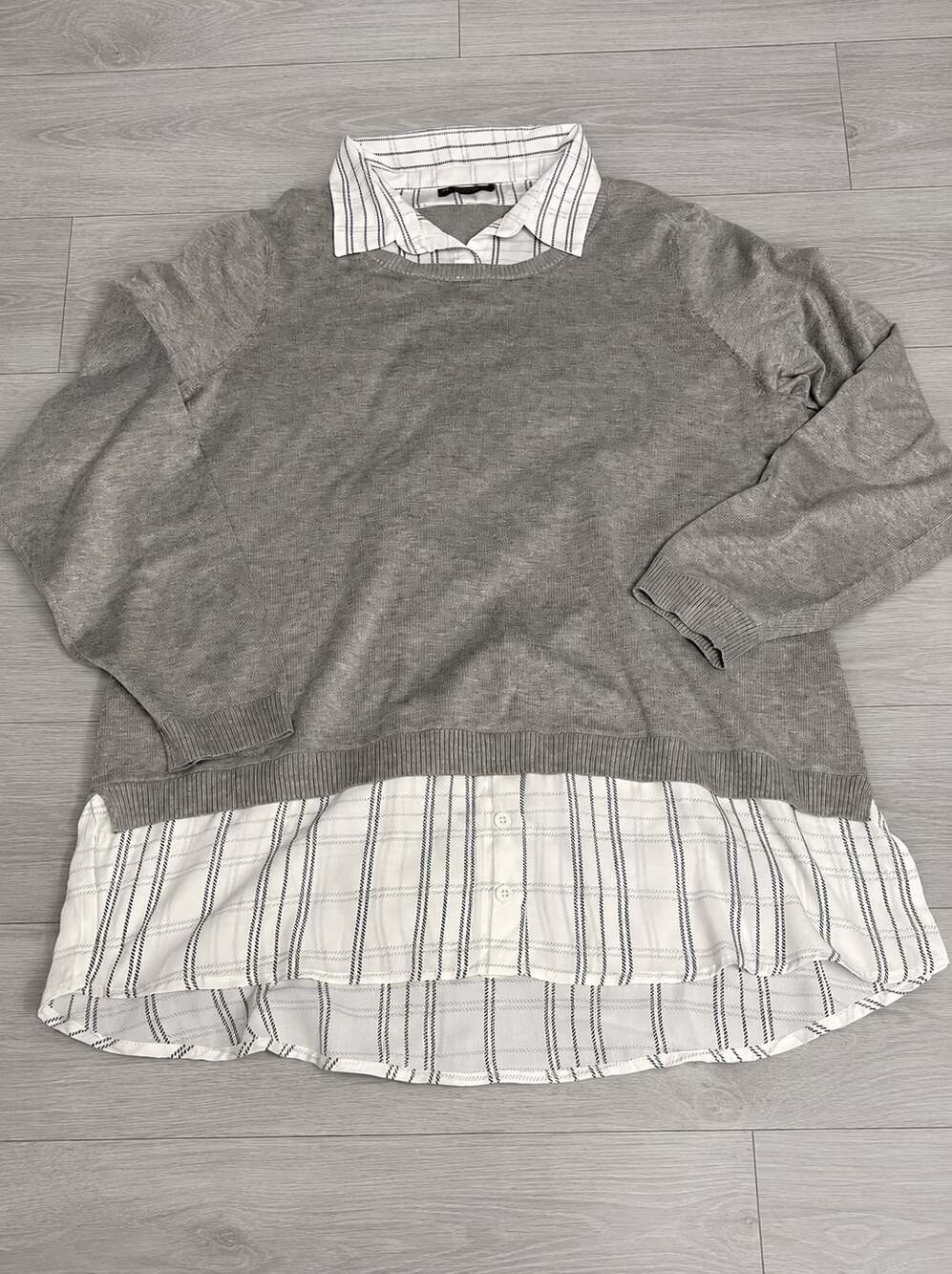 Adrianna Papell Women's Gray Layered 2-Fer Sweater with Plaid Shirt Collar and H
